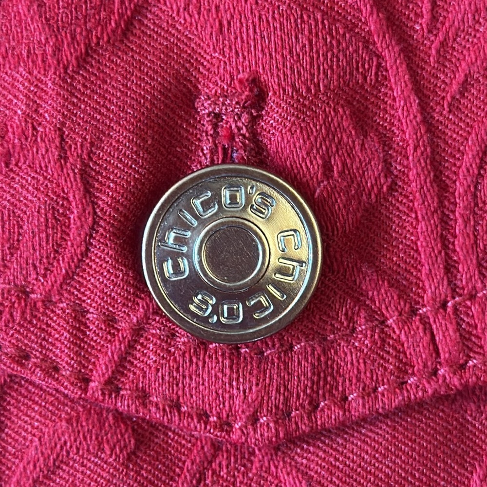 Chicos Red Jacquard Button Front Jacket Coat Layering Cotton Blend Size 3/XL - Picture 7 of 13